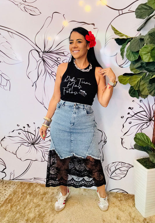 Lace denim skirt