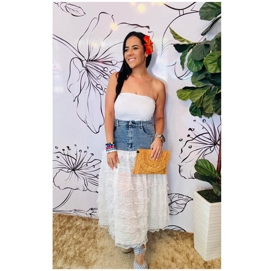 Denim White Lace Skirt