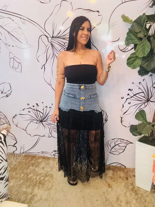 Black Lace Denim Skirt